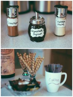 there are three different types of spices on the counter and one is labeled with chocolate syrup