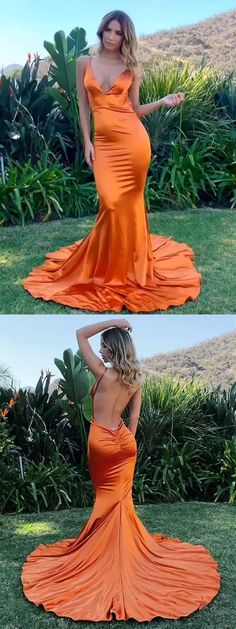 Backless Mermaid Dress For Prom Season, Backless Mermaid Dress For Prom, Prom Mermaid Dress With Fishtail And Back Opening, Prom Mermaid Dress With Back Opening, Backless Mermaid Dress With Fitted Bodice, Backless Mermaid Dress With Back Opening For Prom, Orange Evening Dress, Orange Formal Dress, Orange Formal Dresses