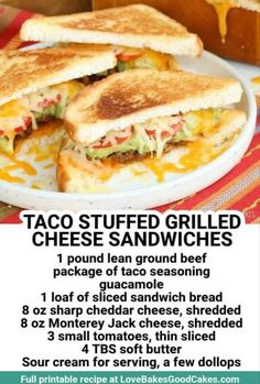 a menu for taco stuffed grilled cheese sandwiches