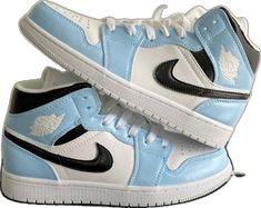 Custom Light Blue Leather Nike Sneakers, Nike Custom Leather Sneakers With Waterproof Paint, Air Jordan 1 Blue, Custom Air Jordan 1, Jordan 1 Blue, Waterproof Paint, Mid Sneakers, Leather Paint, Custom Nikes