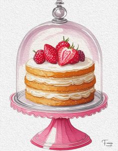 a drawing of a cake under a glass dome with strawberries on top