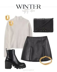 A cute and comfy winter mini skirt outfit for a night out or dinner! Shop below! Winter Leather Skirt Outfit, Winter Leather Skirt, Winter Mini Skirt Outfit, Outfit Winter Night, Night Out Outfit Winter, Winter Mini Skirt, Date Night Outfit Winter, Outfit Leather Skirt, Mini Skirt Outfit Winter