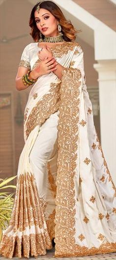 White and Off White color Saree in Satin Silk, Silk fabric with Embroidered, Thread, Zari work Festive White Blouse Piece With Dori Work, White Blouse Piece With Resham Embroidery, Traditional Drape, White Traditional Wear With Intricate Embroidery In Art Silk, White Art Silk Traditional Wear With Intricate Embroidery, White Dori Work Blouse For Reception, White Dori Work Blouse Piece For Reception, White Traditional Wear With Pallu For Reception, White Traditional Wear With Resham Embroidery For Reception, White Blouse With Intricate Embroidery For Reception