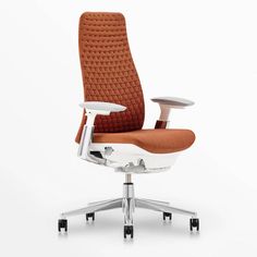 an orange office chair with white base and armrests, viewed from the front