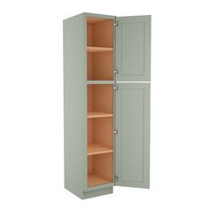 a tall cabinet with two doors and shelves on each side, in an open position