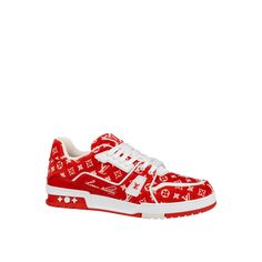 LOUIS VUITTON® - Lv Trainer Sneaker - Red Louis Vuitton Bag Men, Red Louis Vuitton Bag, Lv Trainer Sneaker, Louis Vuitton Trainers, Yeezy Boots, New Jordans Shoes, Jordan Shoes Retro