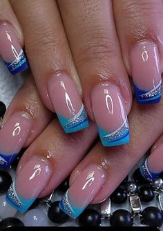 Nails 2023 Trends Tips, Blue French Nails With Design, Blue Tip Nail Designs, Summer French Manicure Designs, Blue French Nail Designs, Blue French Tip Nails With Design, Blue Tip Nails French Manicures, French Manicure With Blue, Cool French Tip Nail Designs