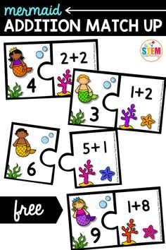 the mermaid addition match up is shown with four matching cards to help students learn how to use