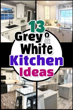 the words grey and white kitchen ideas are shown in four different pictures, including an island with