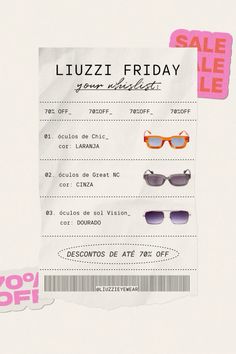 an advertisement for sunglasses on sale with the price tag in pink and white, which reads luzzi friday your favorite