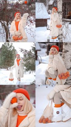 a collage of photos showing a woman in the snow wearing an orange hat and coat