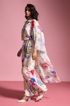 Multi color long jacket with all over floral prints. Paired with an inner shirt with coordinating prints. Comes along with a pant. - Aza Fashions Floral Print Jacket, Dash And Dot, Tarun Tahiliani, Open Neck, Long Jacket, Print Jacket, Pants Pattern, Modern Bride, Pant Set