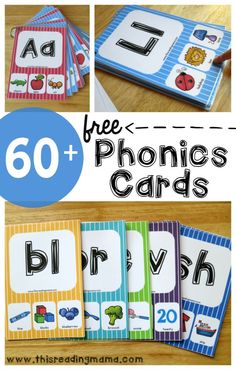 Over 60 FREE Phonics Cards for beginning sounds, vowel sounds, blends, digraphs and MORE! Letter Learning, Phonics Cards, Phonics Free, Blends And Digraphs, Jolly Phonics, Phonics Kindergarten, Phonological Awareness, Phonics Reading, Vowel Sounds