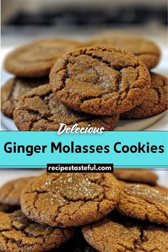 ginger molasses cookies stacked on top of each other with the words delicious written below