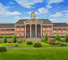 an artist's rendering of a large brick building with columns and a clock tower