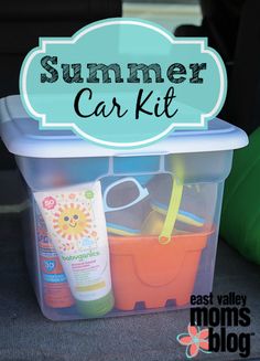 a plastic container filled with baby items and the words summer car kit