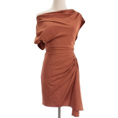 * Total Length: ~29 * Pit To Pit: 14 * Waist: 12 Ruched Mini Dress, Rust Orange, Orange Dress, Color Orange, Linen Blend, Short Dresses, Rust, One Shoulder, Tokyo