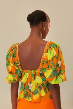 Orange Chic Pears Short Sleeve Blouse – FARM Rio Summer Fitted Blouse With Bold Print, Fitted Summer Blouse With Bold Print, Orange Tropical Print Top For Beach, Orange Tropical Print Tops For The Beach, Spring Bold Print Orange Tops, Summer Vacation Blouse With Square Neck, Square Neck Blouse For Summer Vacation, Orange Tropical Vacation Tops, Summer Orange Tops With Bold Print