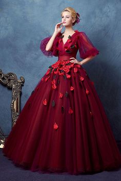 Dark Red Victoria Ball Gown with Rose Petal X2008 Lynx Aesthetic, V Neck Ball Gown, Wicked Fashion, Red Ball Gowns, Ball Gown Prom Dress, Vintage Ball Gowns, Festival Costumes, Pipe Dream, Quinceanera Dress