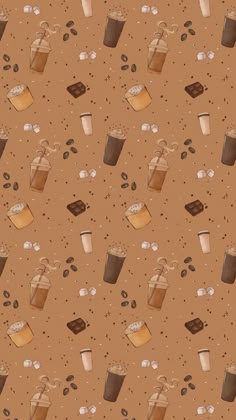 a brown background with coffee cups and beans