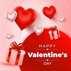 valentine's day greeting card with gift boxes and balloons in the shape of hearts