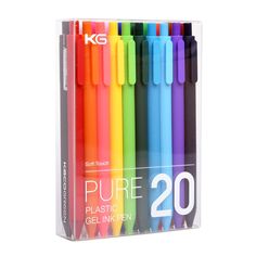 six different colored pens are in a clear box with the words pure 20 written on it