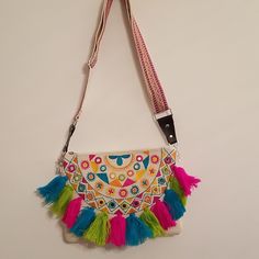 Super Cute Crossbody Purse Colorful Pom Nwt 12" X 9" Pink,Green, Turquoise, Yellow, Orange Very Bright And Colorful! Super Cute! Item# 2645 Vibrant Multicolor Bags For Summer, Vibrant Multicolor Summer Bags, Multicolor Summer Bags With Tassels, Summer Multicolor Bags With Tassels, Bohemian Shoulder Bag With Multicolor Embroidery For Spring, Embroidered Multicolor Shoulder Bag For Summer, Fun Multicolor Shoulder Bag, Fun Multicolor Shoulder Bag For Vacation, Fun Multicolor Vacation Shoulder Bag