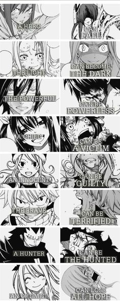 some anime characters with different expressions on their faces and the words above them are in black and white