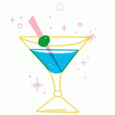 a drawing of a martini glass with an olive on the rim and sprinkles