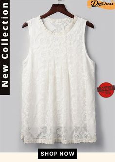 Relaxed Fit Round Neck Sleeveless Floral Lace T-shirt Casual White Lace Tank Top, White Sleeveless Vest Top, White Sleeveless Summer Top, White Sleeveless Top For Summer, Summer Tank Lace Top, Casual Tank Top With Lace Detail, Casual Sleeveless Lace Top, White Sleeveless Tops For Spring, Casual Sleeveless Lace Tank Top