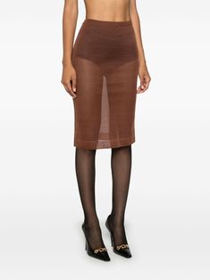 Brown Knee-length Skirt For Formal Occasions, Formal Brown Knee-length Skirt, Formal Brown Pencil Skirt, Fitted Silk Skirt For Fall, Brown Midi Length Workwear Bottoms, Fitted Brown Pencil Skirt, Brown Midi Length Bottoms For Work, Fitted Brown Pencil Skirt For Spring, Fitted Silk Pencil Skirt For Work