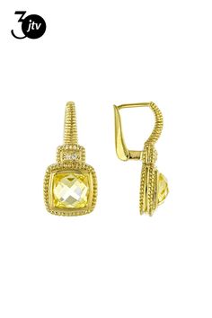 Judith Ripka 5ctw Square Cushion Canary Yellow Cubic Zirconia 14k Gold Clad Drop Earrings. Measures Approximately 0.82"L x 0.40"W. Leverbacks Judith Ripka, Canary Yellow, Cubic Zirconia, Drop Earrings, Square, Yellow, Gold