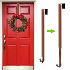 an image of a red door with a wreath on it and the bottom half is closed