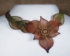 6-Petal Flower Necklace with Leaves: Sarah Cavender: Metal Necklace | Artful Home Wire Swirls, Jean Jewelry, Fabric Jewellery, Bling Crafts, Flower Room, Glamorous Party, Petal Flower, Lace Necklace, Fabric Necklace