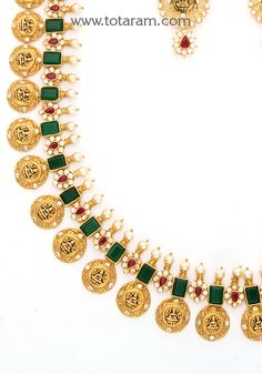 22 Karat Gold 'Lakshmi ' Long Necklace & Drop Earrings Set with Cz , Color Stones & Japanese Culture Pearls - Bottumala (Temple Jewellery) - 235-GS3837 - in 134.450 Grams for USD $11,989.28 USD. 
Made in India by Totaram Jewelers Online this product is in Gold - 22 Karat BIS Hallmark 916 Gold  & is an excellent gift for Adult - Women. Ships fully insured with secured guaranteed delivery for free with your order over $250 from New Jersey USA & comes with 30 days exchange policy. 22k Gold Round Temple Necklace With Meenakari, Festive Kundan Temple Jewelry Necklace For Anniversary, Temple Jewelry Style Kundan Necklace For Diwali Anniversary, 22k Gold Temple Necklace With Meenakari, Festive Temple Necklace With 17 Jewels For Anniversary, 22k Gold Kundan Necklace For Diwali, 22k Gold Round Kundan Temple Jewelry Necklace, 22k Gold Temple Jewelry Bridal Necklace For Anniversary, Gold Temple Necklace For Anniversary And Festive Occasions