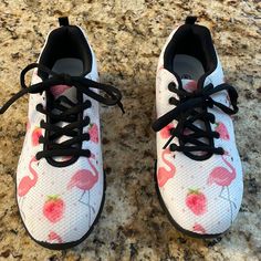 Super Cute And Fun Tennis Shoes. White Base With Pink Flamingos. Black Sole And Laces. Nwot Air Max 270 Women, Tennis Shoes White, Nike Joyride, Wide Sneakers, Nike Air Zoom Pegasus, Nike React, Asics Women, Puma Women, Nike Air Max 270