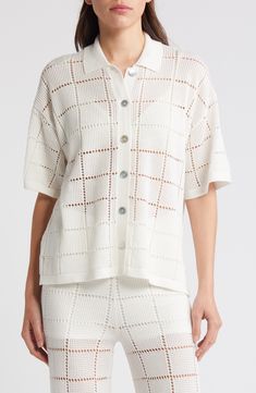 An airy open-stitched grid keeps breezes flowing through a slightly oversized polo-sweater knit from pure cotton. 23 1/2" length Front button closure Spread collar Elbow-length sleeves Sheer; base layer shown not included 100% cotton Hand wash, dry flat Imported Open Knit Button-up Tops, Oversized Polo, Polo Sweater, Nordstrom Store, Elbow Length Sleeve, Anniversary Sale, Sweater Knit, Base Layer, Sleeve Cotton