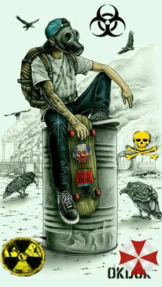 a drawing of a man sitting on top of a barrel with a skateboard in his hand