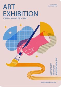 an art exhibition poster with a hand holding a paintbrush