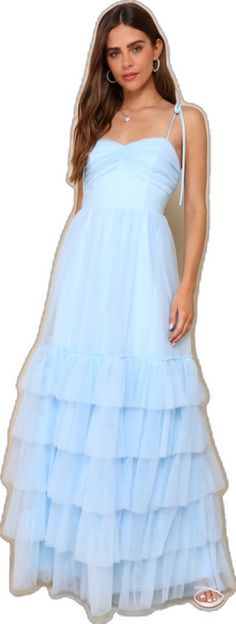 Blue Tiered Dress For Wedding, Light Blue Tulle Dress For Summer, Light Blue Tulle Summer Dress, Light Blue Tulle Skirt Dress For Summer, Blue Organza Dress For Wedding Guest, Organza Dress For Debutante Ball In Spring, Light Blue Spaghetti Strap Wedding Dress, Light Blue Dresses For Spring Debutante Ball, Light Blue Dress For Debutante Ball In Spring