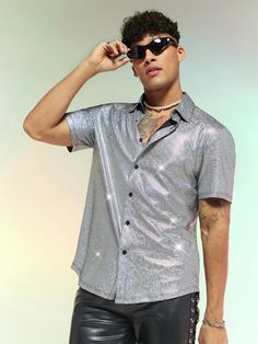 Silver Male Outfit, Men Silver Outfit, Plus Size Men Outfits, Yellow Shirt Men, Mens Grunge, Xmas Party Outfits, Rave Outfits Men, Black Outfit Men, Festival Attire