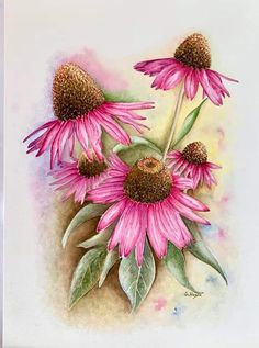 a painting of pink flowers with green leaves