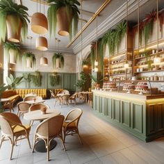 the interior of a restaurant with tables, chairs and potted plants hanging from the ceiling