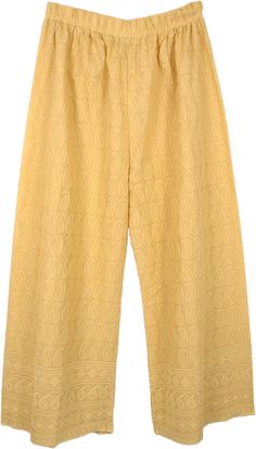 Light brown elephant leg Hollywood pants, perfect wide-leg pants for the summer season. These paisley embroidered pants are made from premium combed cotton fabric with moisture management, wicks moisture away and dries quickly to help keep you cool. Breathable mesh fabric because of the fine elaborate machine embroidery provides enhanced cooling. A tailored cut for a perfect fit. These pants are slightly sheer. They will be Capri length or ankle length depending on how tall you are. ; Waist: 26" Embroidered Wide Leg Pants For Summer, Wide Leg Cotton Bottoms With Paisley Print, Relaxed Fit Bottoms With Paisley Print For Spring, Wide Leg Bottoms With Paisley Print For Summer, Traditional Wide Leg Bottoms With Chikankari Embroidery, Casual Straight Pants With Chikankari Embroidery, Spring Wide Leg Bottoms With Chikankari Embroidery, Cotton Bottoms With Chikankari Embroidery For Spring, Traditional Yellow Pants For Summer