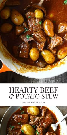 hearty beef and potato stew in a white bowl