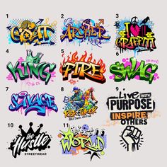 various graffiti font styles and colors on a white background with the wording below them