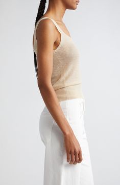 Shimmering threads bring understated glamour to this casual-staple sweater-knit tank with a scooped neck and ribbed hem. Scoop neck 89% viscose, 11% polyester Dry clean Made in Italy Designer Clothing Metallic Sweater, Knit Tanks, Top Brands, Scoop Neck, Knitted Sweaters, Nordstrom, Luxury Fashion, Knitting, Clothes Design