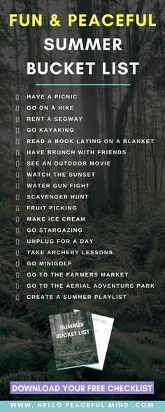 a flyer with the words fun and peaceful summer bucket list on it in front of a forest