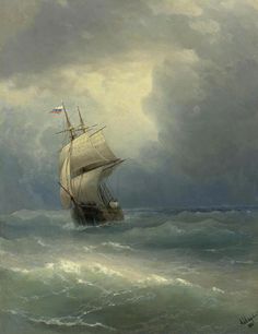 a painting of a ship in rough seas