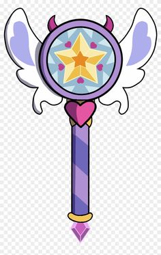 an angel wand with wings and a star on the top, is shown in purple